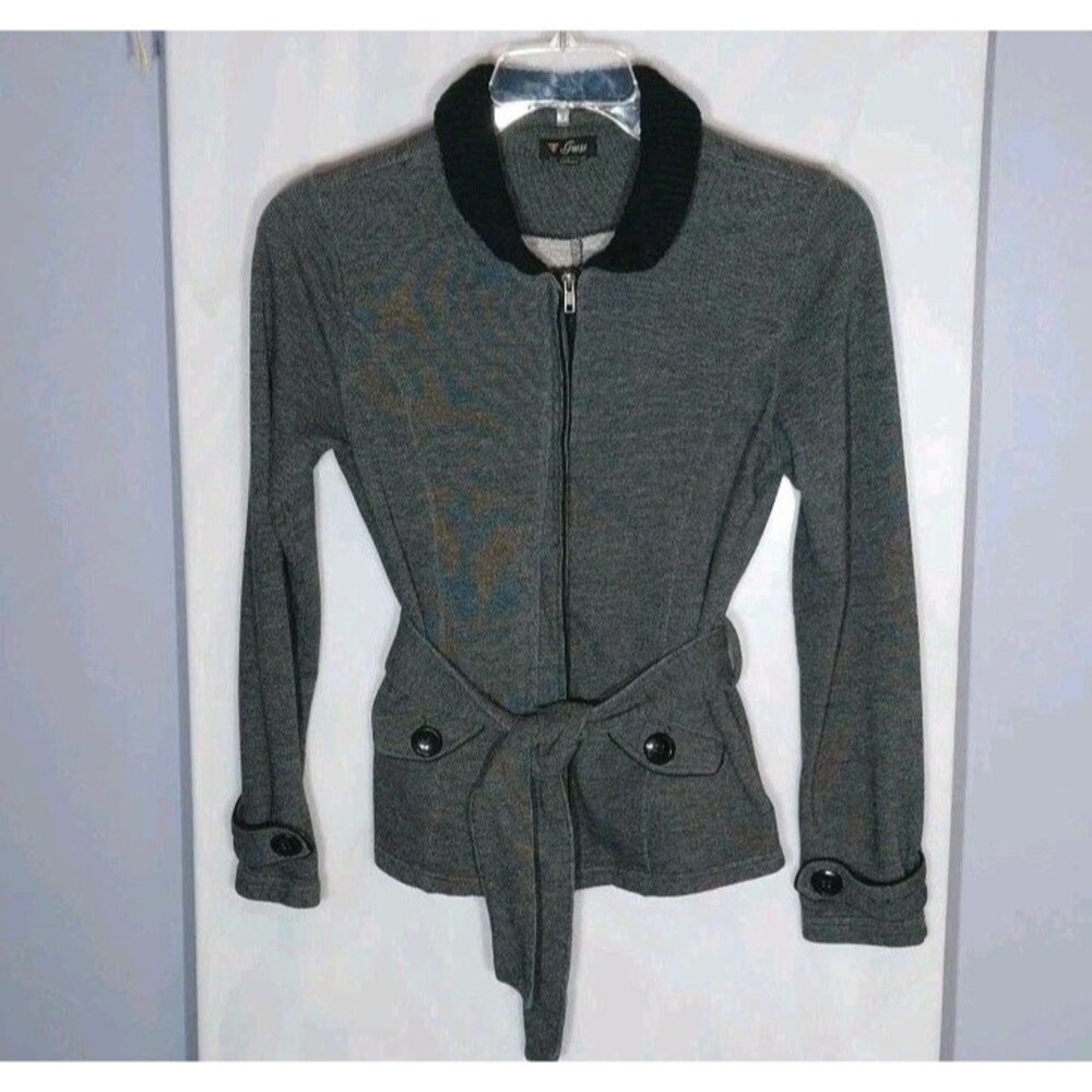 GUESS Womens Large Gray Knit Trench Jacket Full Zip Belted Y2K Casual Chic Indie